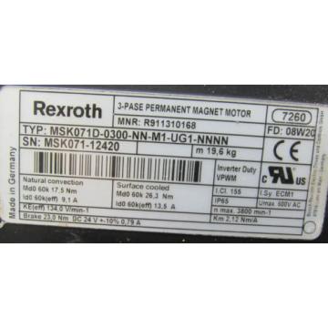 REXROTH MSK071D-0300-NN-M1-UG1-NNNN 3PH PERMANENT MAGNET MOTOR 600V 24VDC *XLNT*