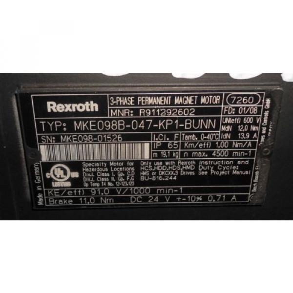 REXROTH 3-PHASE PERMANENT MAGNET SERVO MOTOR MKE098B-047-KP1-BUNN #4 image